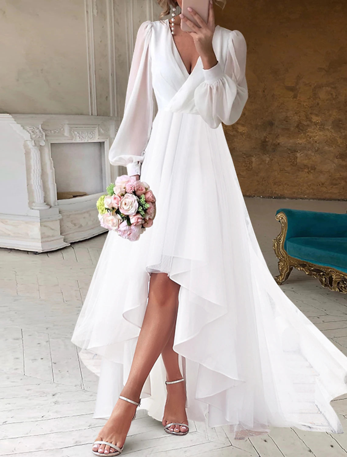 Wholesale Bridal Shower Wedding Dresses Little White Dresses Simple A-Line V Neck Long Sleeve Asymmetrical Chiffon Bridal Gowns With Solid Color Summer Wedding Party